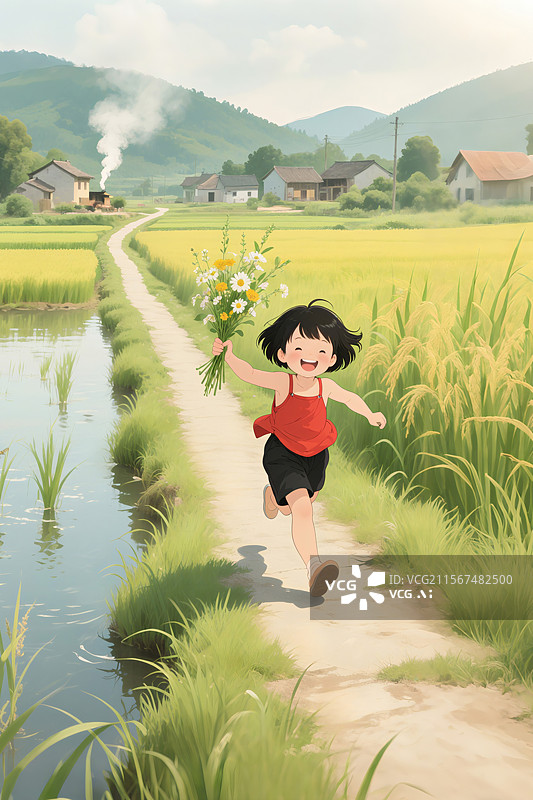 【AI数字艺术】小女孩手捧鲜花奔跑在乡村小路上图片素材