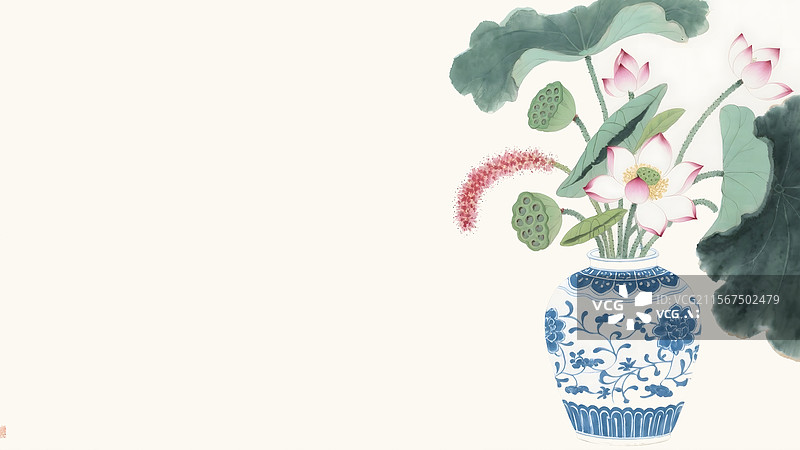 【AI数字艺术】青花瓷花瓶里的荷花插花水墨画背景居右图片素材