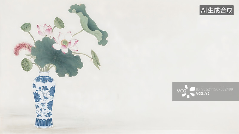 【AI数字艺术】青花瓷花瓶里的荷花插花水墨画背景居左图片素材
