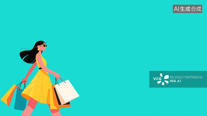 【AI数字艺术】提着购物袋的时尚女人2D卡通背景左下图片素材