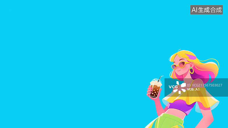 【AI数字艺术】手拿冰咖啡的女孩2D卡通背景右下图片素材