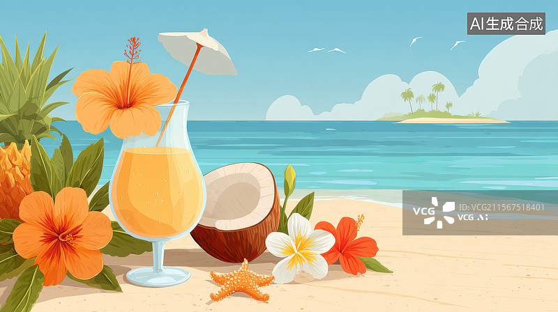 【AI数字艺术】热带海滩上的椰子鸡尾酒图片素材