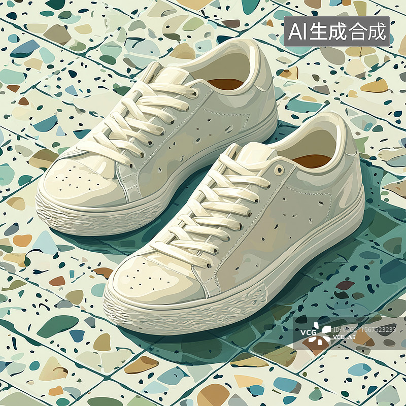【AI数字艺术】一双白色运动鞋放在彩色地砖上图片素材