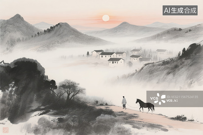 【AI数字艺术】晨雾山村图片素材