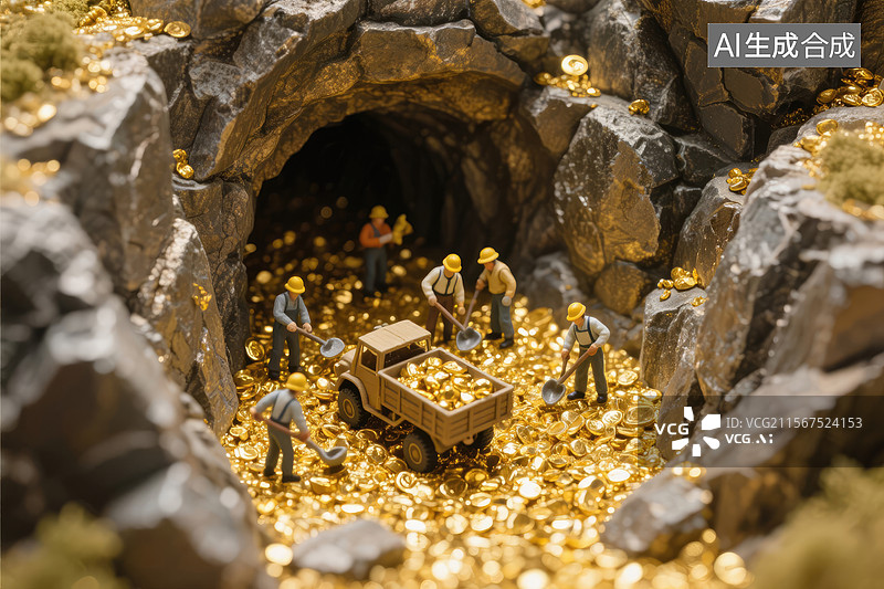 【AI数字艺术】金矿洞穴中的微型矿工图片素材