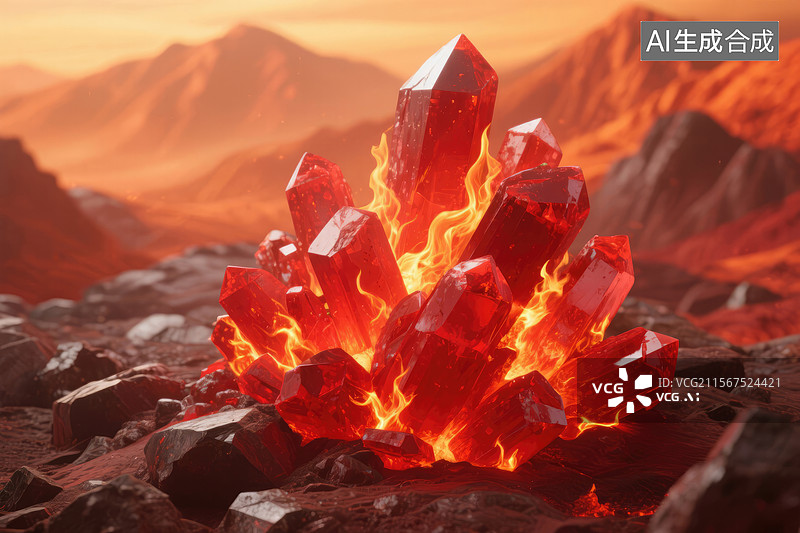 【AI数字艺术】火星地貌上的燃烧红水晶图片素材