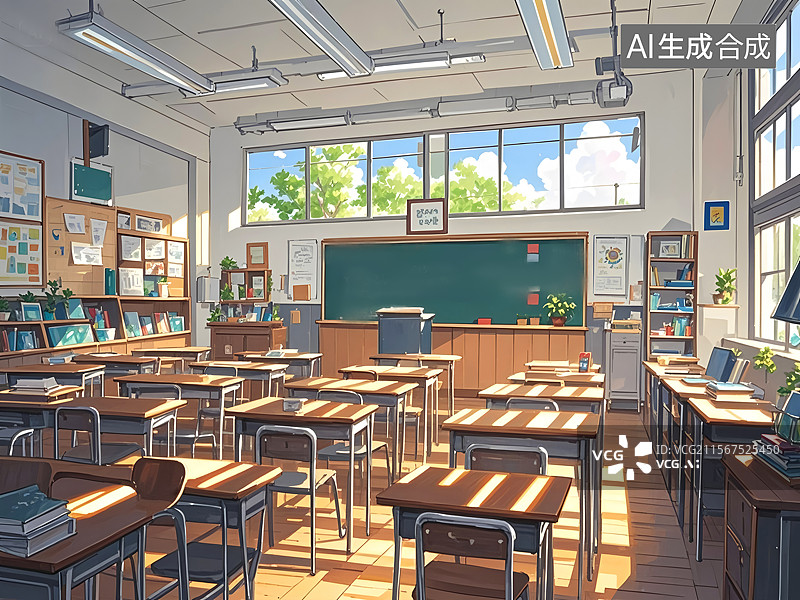 【AI数字艺术】【AI数字艺术】阳光洒在无人的教室里图片素材
