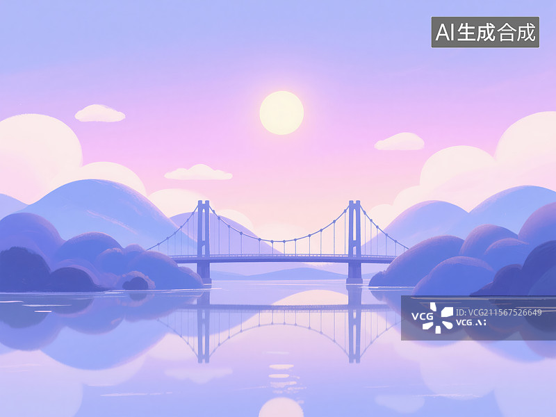 【AI数字艺术】梦幻黄昏下的悬索桥与山水倒影插画图片素材