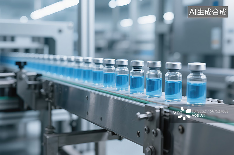 【AI数字艺术】生产线上整齐排列的蓝色小玻璃瓶图片素材