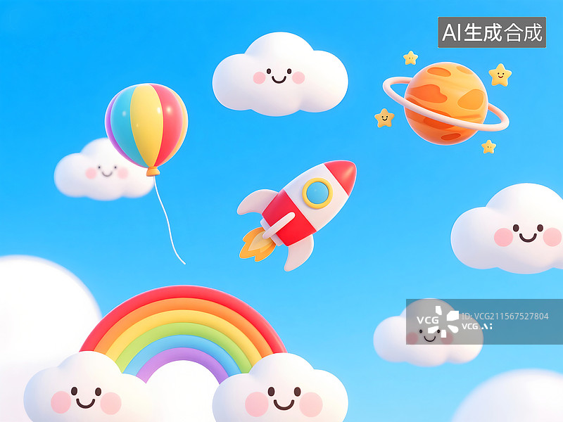 【AI数字艺术】用于小学幼儿园开学学习，云彩火箭热气球星球元素公告海报模板图片素材