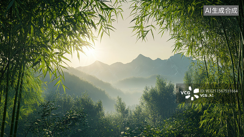 【AI数字艺术】竹林与远山的晨雾景色图片素材