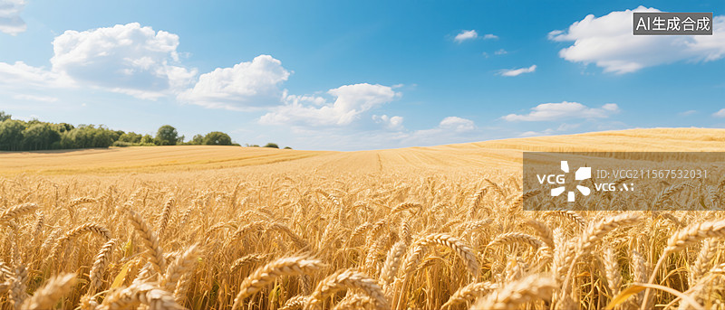 【AI数字艺术】宽屏蓝天白云金色麦浪的丰收景象图片素材