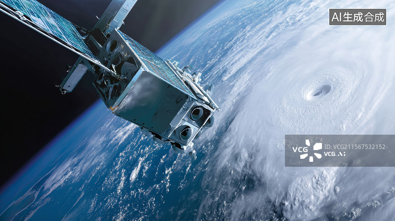 【AI数字艺术】近地轨道上的通讯卫星与台风眼图片素材