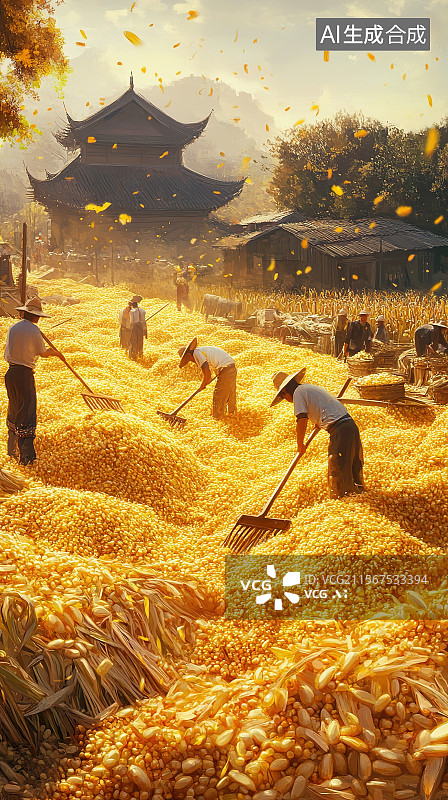 【AI数字艺术】中国农民丰收节插画晒谷场上农民们用木耙翻动着金黄稻谷图片素材