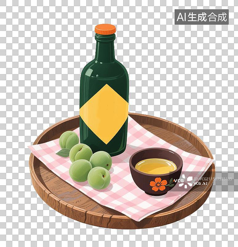 【AI数字艺术】一个竹盘放着杏子一瓶黄酒喝一个酒杯图片素材