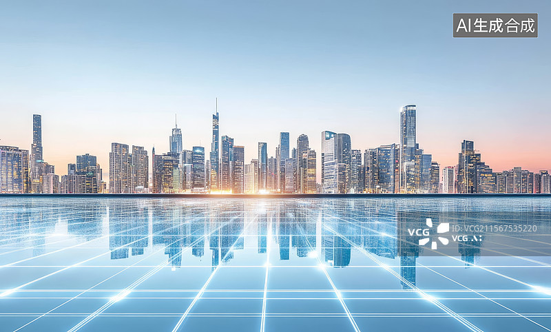 【AI数字艺术】现代城市天际线与科技网格图片素材