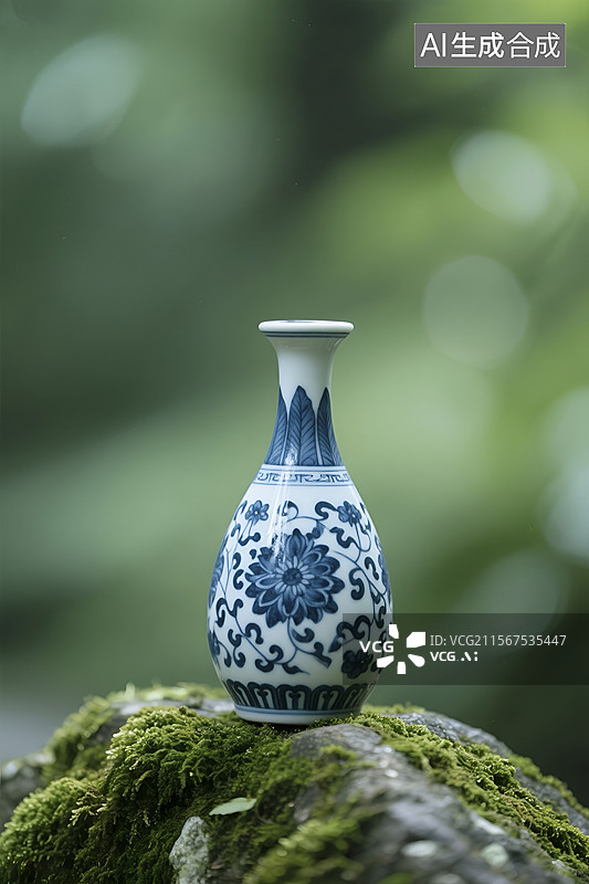 【AI数字艺术】青苔石上的蓝白青花瓷瓶图片素材