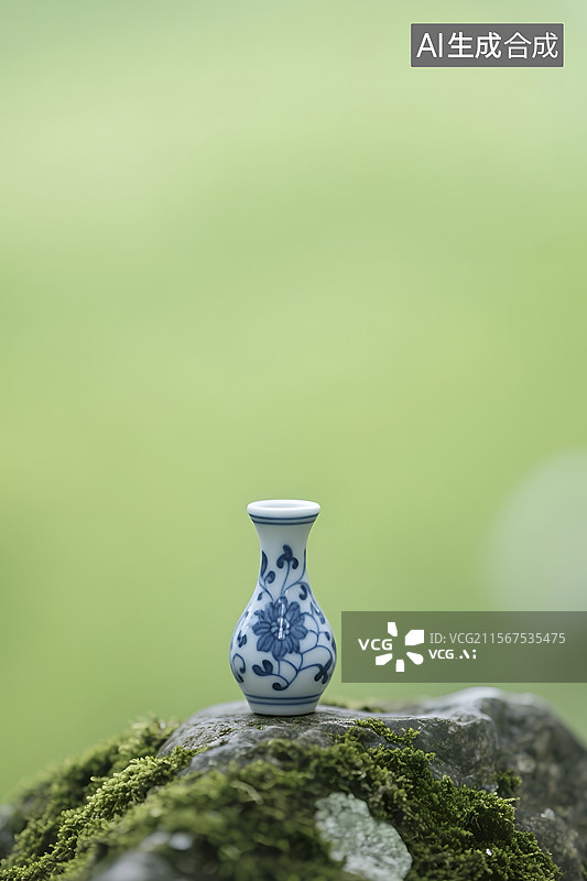 【AI数字艺术】青苔石上的蓝白青花瓷瓶图片素材