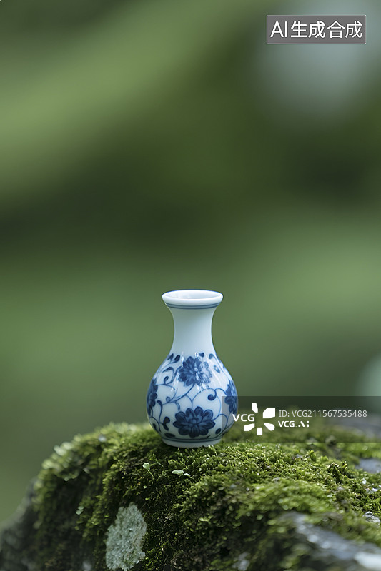 【AI数字艺术】青苔石上的蓝白青花瓷瓶图片素材
