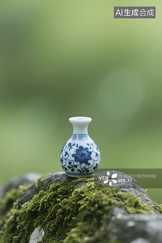 【AI数字艺术】青苔石上的蓝白青花瓷瓶图片素材