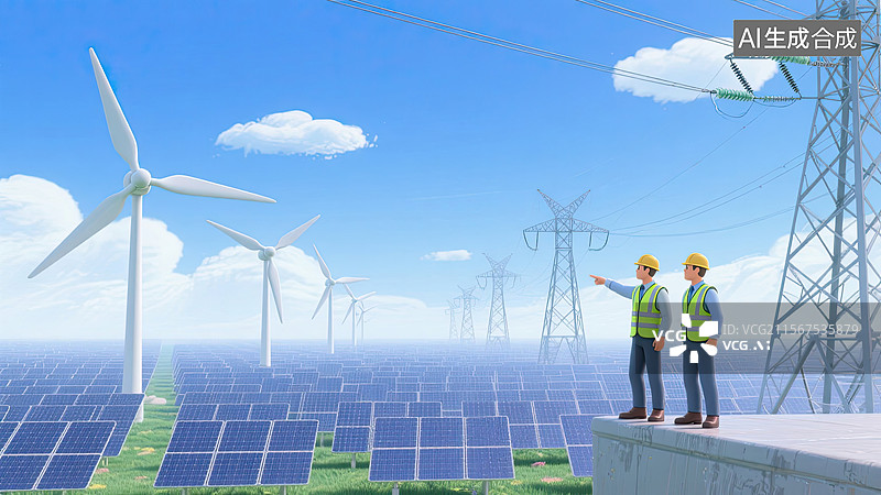【AI数字艺术】3D，工程师，新能源，太阳能发电，插画 户外图片素材
