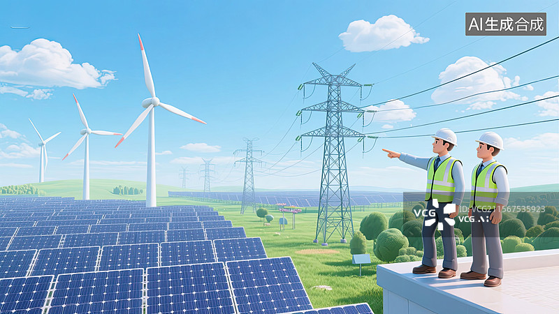 【AI数字艺术】3D，工程师，新能源，太阳能发电，插画 户外图片素材