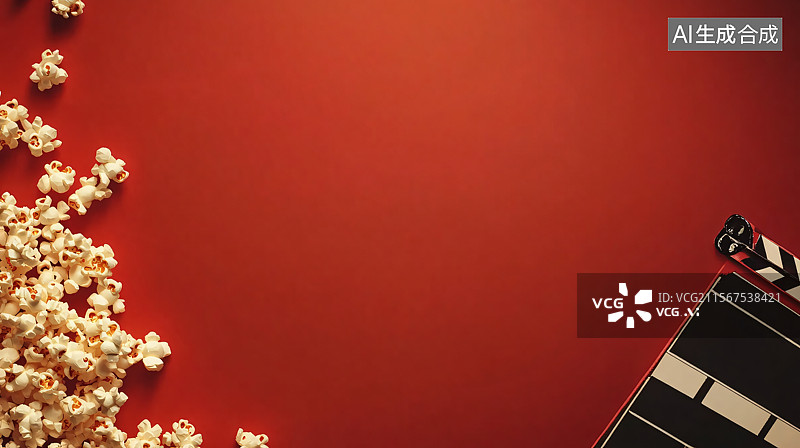 【AI数字艺术】红色背景上的爆米花，象征着电影工业、票房成功和电影的兴奋。干净的背景和留白突出了娱乐概念，非常适合用图片素材