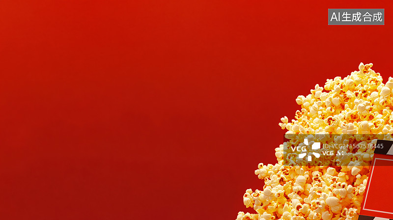 【AI数字艺术】红色背景上的爆米花，象征着电影工业、票房成功和电影的兴奋。干净的背景和留白突出了娱乐概念，非常适合用图片素材