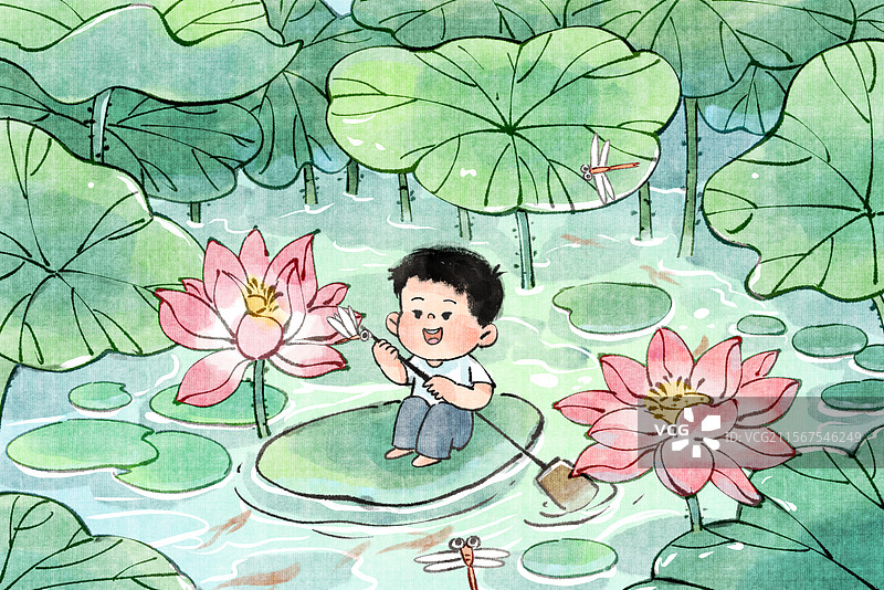 手绘水墨夏天之男孩划船荷叶荷花治愈系插画图片素材