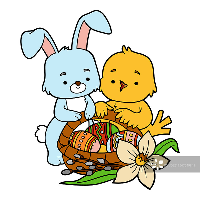 儿童复活节卡通鸟和兔子图片素材