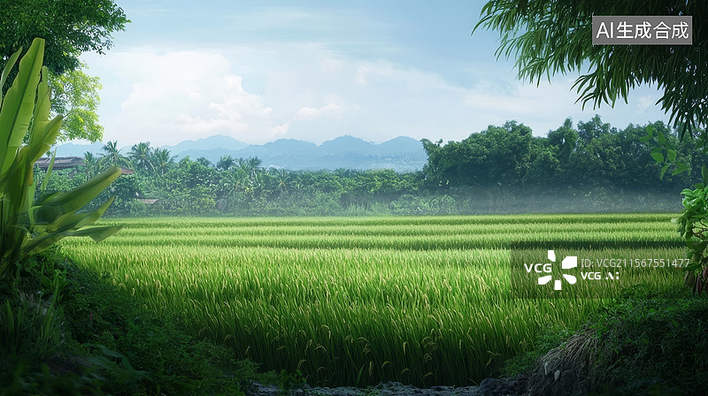 【AI数字艺术】雾气弥漫的稻田美景图片素材