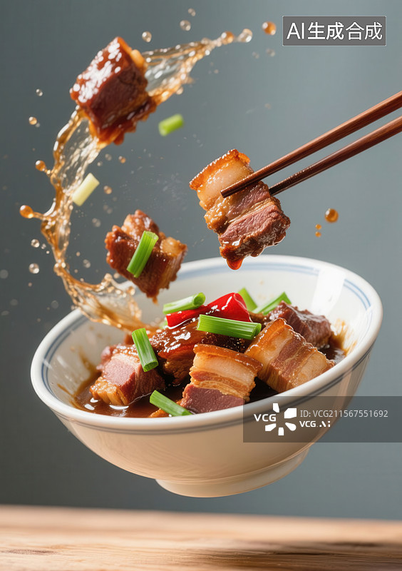 【AI数字艺术】红烧肉红烧肉被筷子夹起，溅出汤汁图片素材