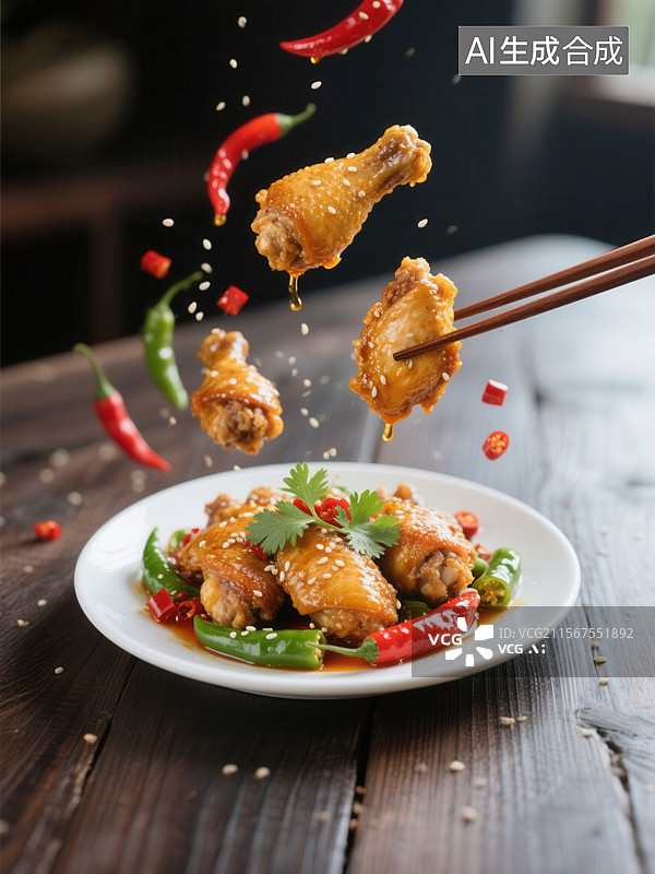 【AI数字艺术】椒麻鸡辣鸡翅配辣椒和芝麻图片素材