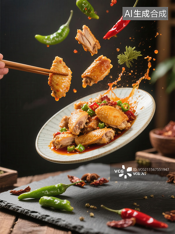 【AI数字艺术】椒麻鸡炸鸡翅与辣椒的美味组合图片素材
