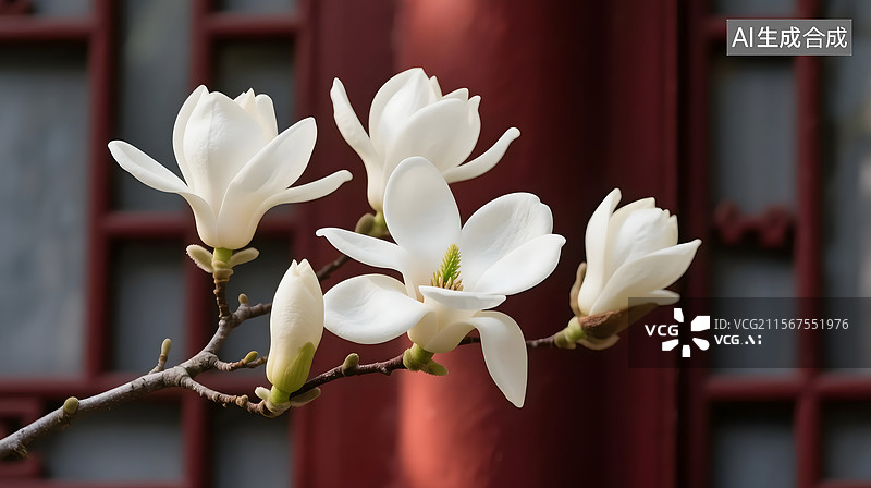 【AI数字艺术】古建筑前的玉兰花图片素材