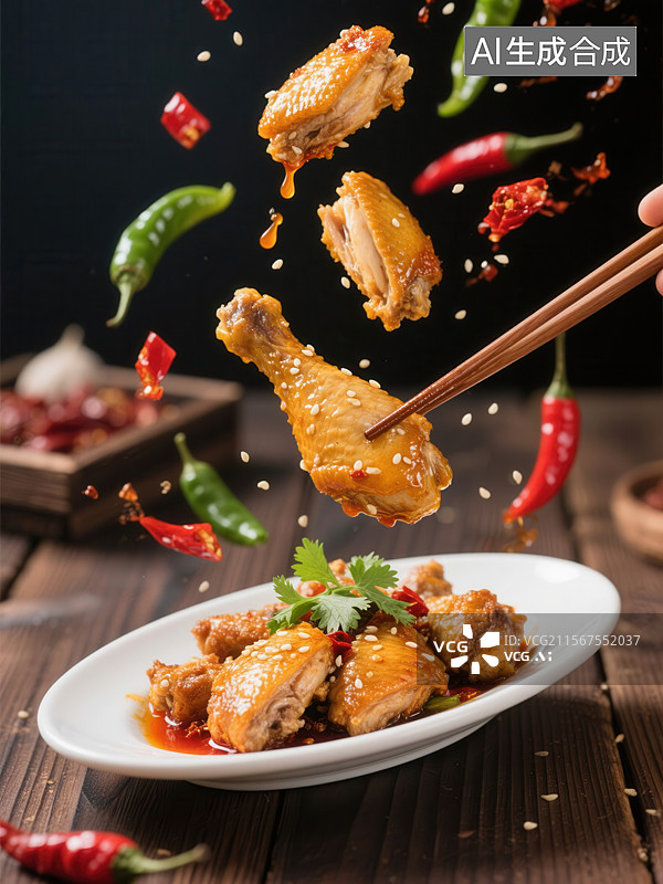 【AI数字艺术】椒麻鸡麻辣鸡翅与辣椒图片素材