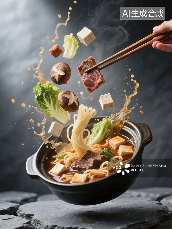 【AI数字艺术】寿喜锅火锅食材飞溅图片素材