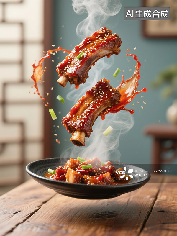 【AI数字艺术】中式糖醋排骨美味的烤排骨在空中飞舞图片素材