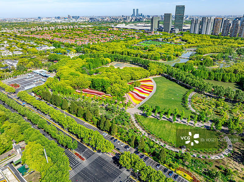 城市中央公园七彩花田金鱼草花盛开 航拍上海世纪公园浦东嘉里城 人民城市为人民 城市绿洲生态环境保护图片素材