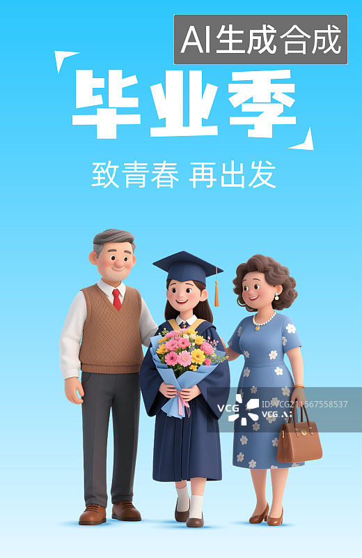【AI数字艺术】毕业季穿着学士服抱着花束的学生插画设计海报展板图片素材