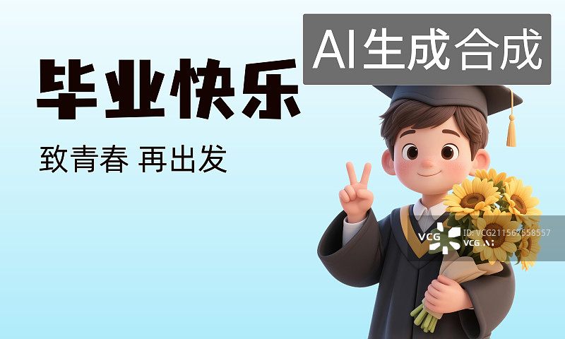 【AI数字艺术】毕业季穿着学士服抱着花束的学生插画设计海报展板图片素材