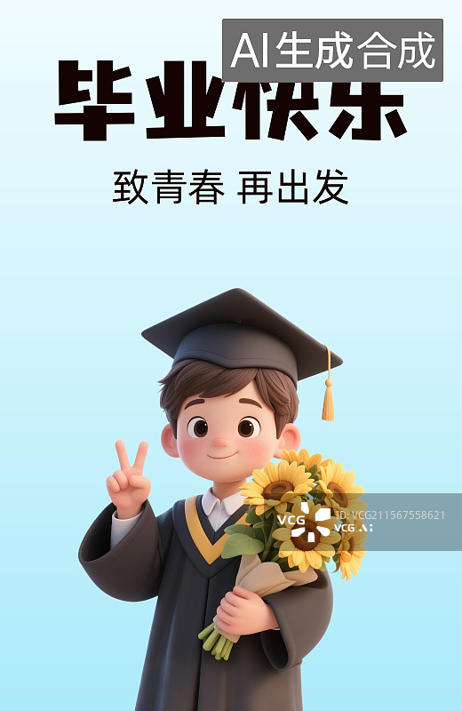 【AI数字艺术】毕业季穿着学士服抱着花束的学生插画设计海报展板图片素材