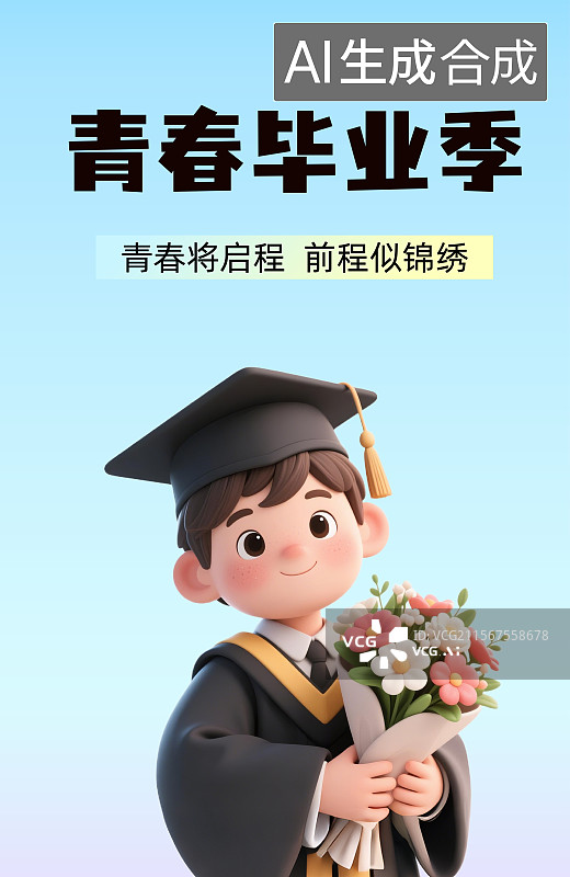【AI数字艺术】毕业季穿着学士服抱着花束的学生插画设计海报展板图片素材