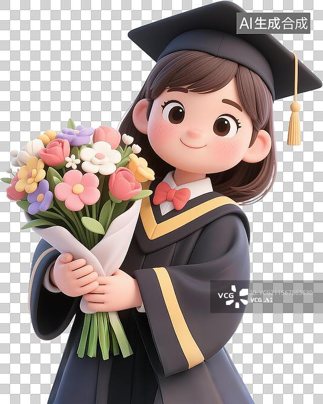 【AI数字艺术】毕业季穿着学士服抱着花束的学生免扣元素图片素材
