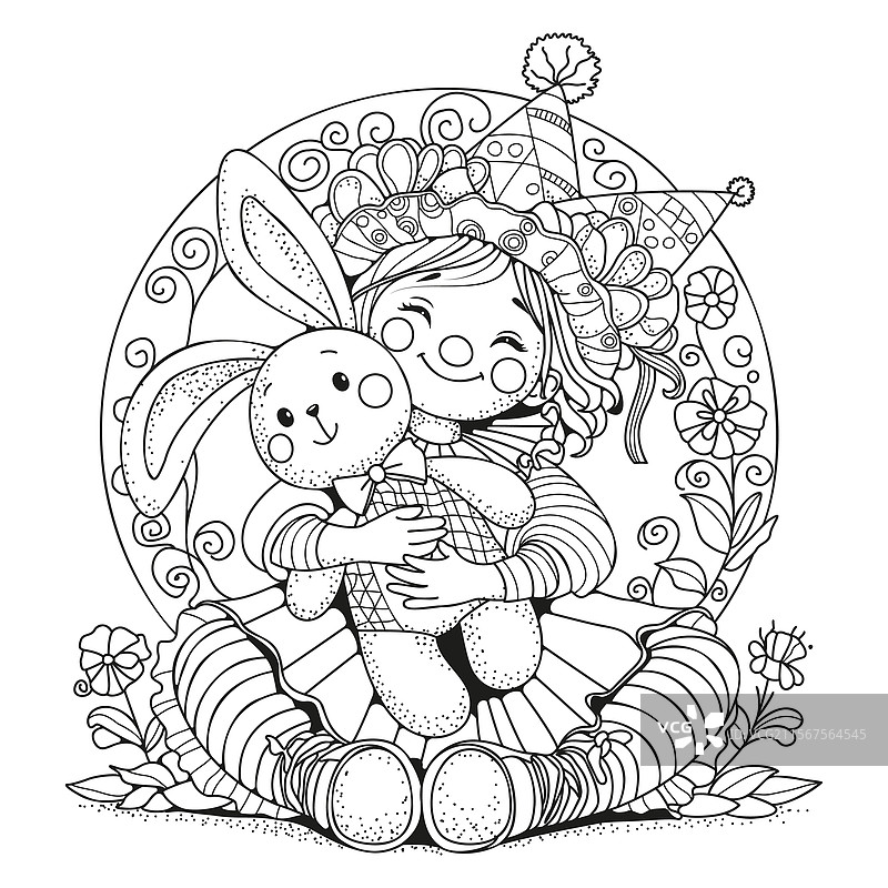 一个穿着裙子和小丑帽的快乐女孩拥抱着一个图片素材