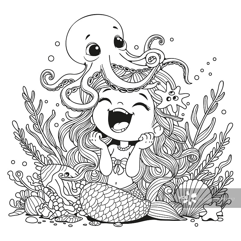 美人鱼在笑，因为有一只章鱼。图片素材