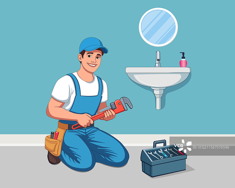 水管工正在用扳手修理水槽管道图片素材