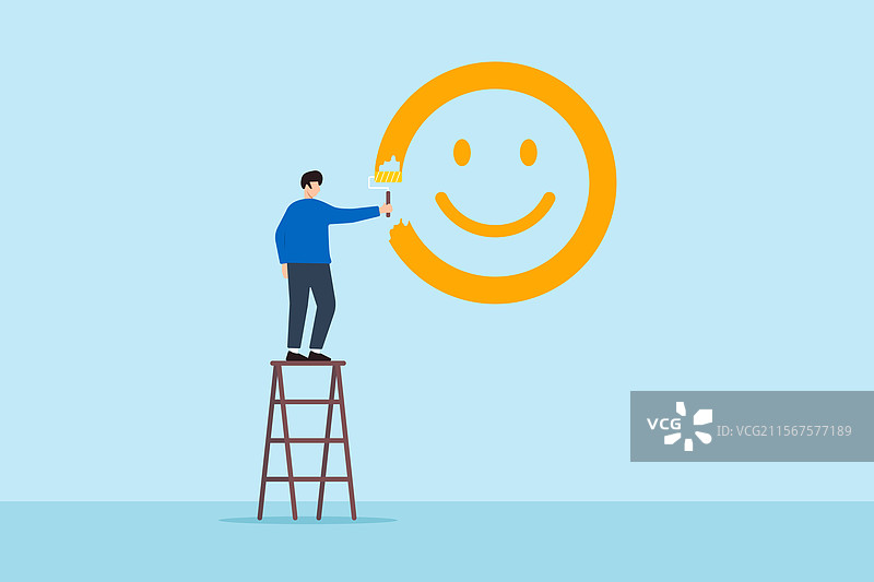 快乐的平面男士站在梯子上画笑脸图片素材