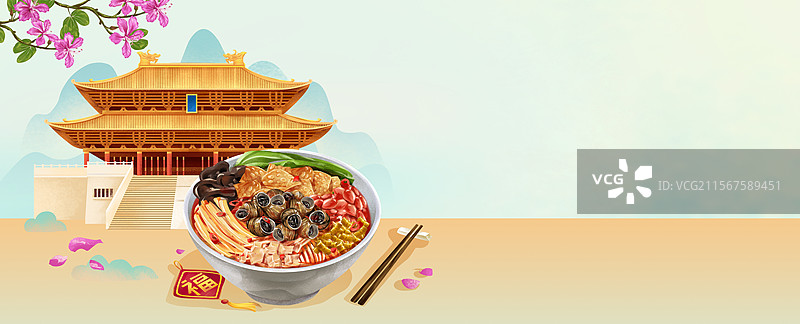 广西柳州文庙和特色美食螺蛳粉插画图片素材