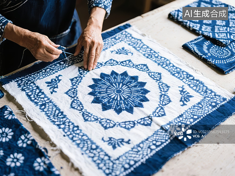 【AI数字艺术】手工制作的蓝白印花布图片素材